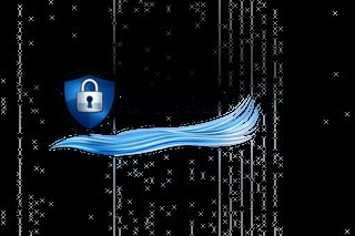 Blue padlock shield with flowing data stream against dark background with binary code and digital elements, representing cybersecurity and data protection