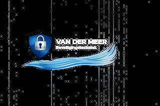Van der Meer security company logo with blue padlock icon and flowing wave design on dark digital background