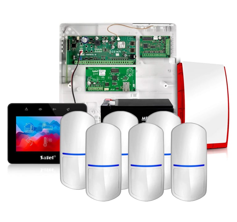 Home security system kit with control panel, three wireless motion sensors, indoor siren, and circuit board components displayed