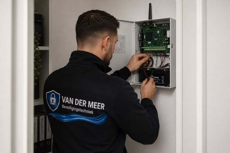 Technician from Van der Meer working on a wall-mounted control panel with green circuit board and antenna