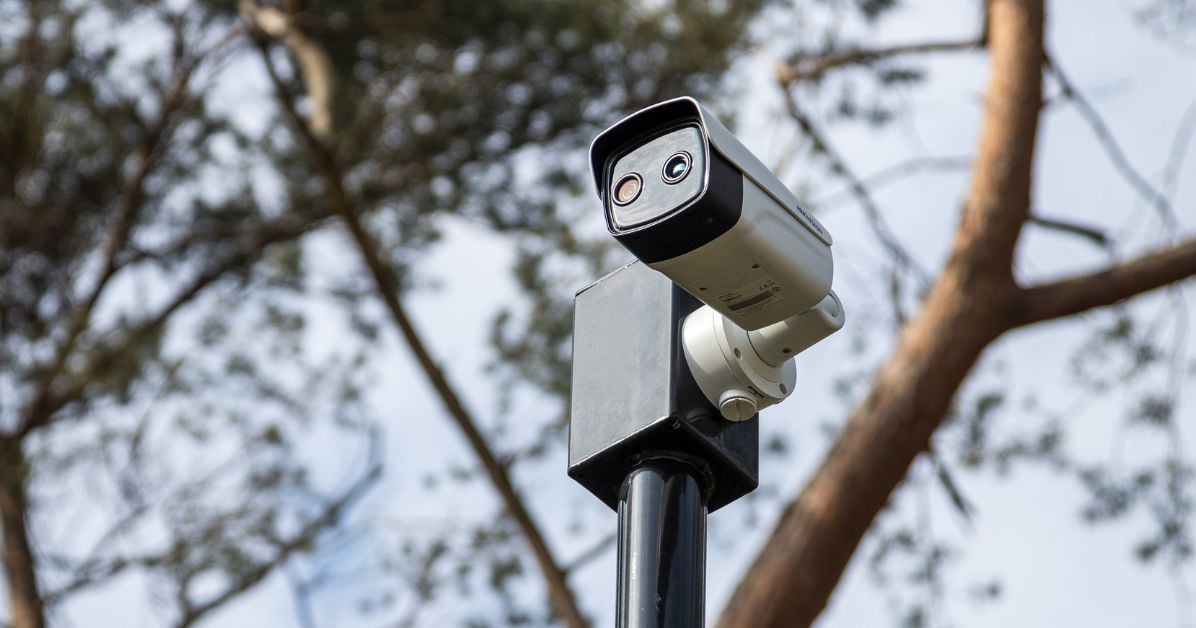 Security camera mounted on a pole with bare tree branches and sky in the background