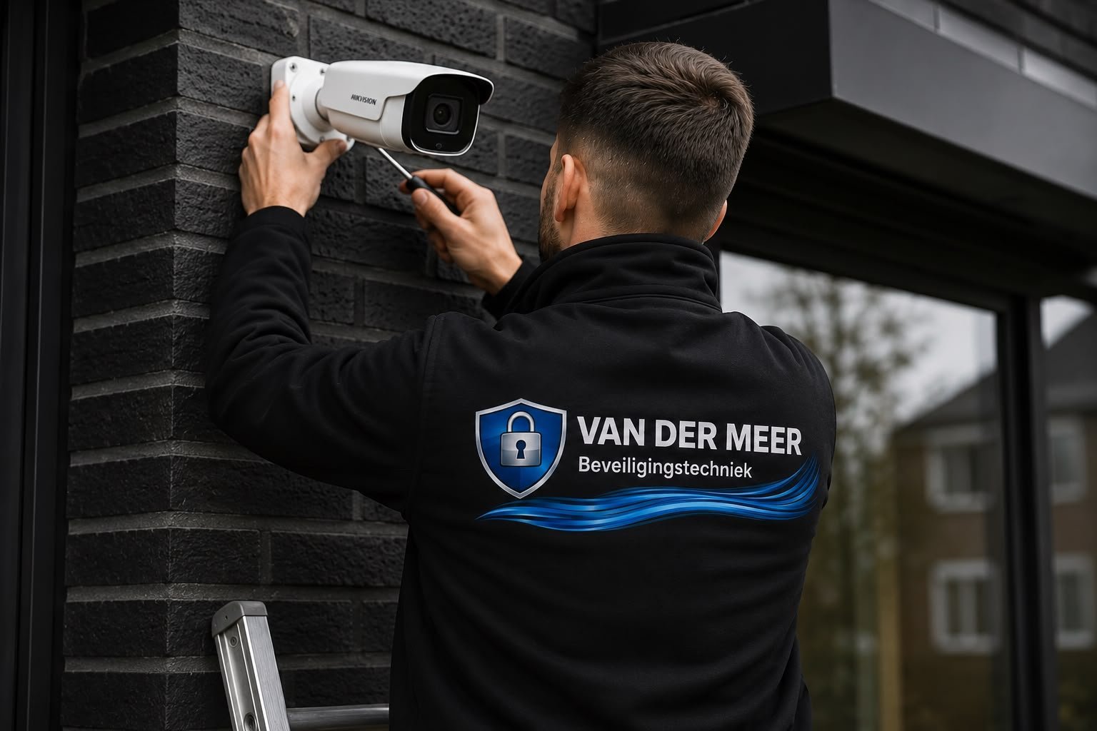 Technician in Van der Meer uniform installing a security camera on a brick wall